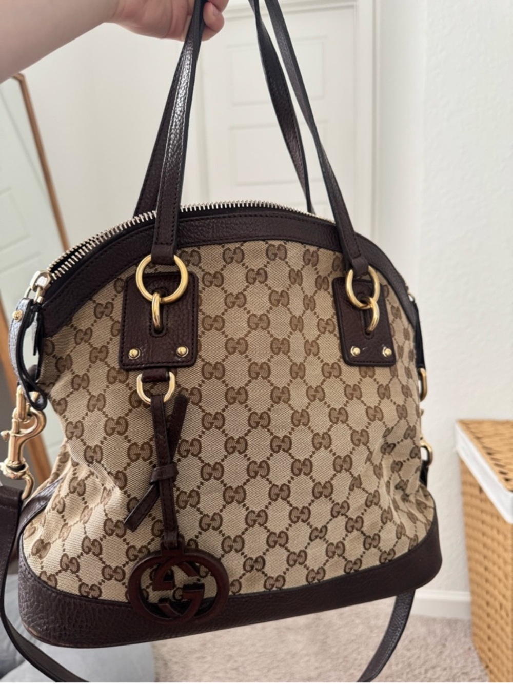 Gucci GG Monogram Canvas Leather Brown Beige Women's Satchel Top Handle Bag